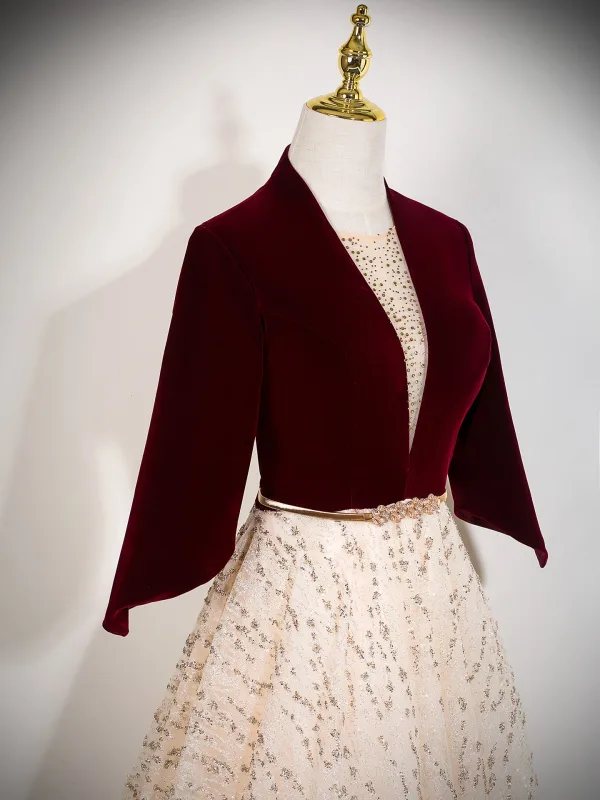 Chic / Beautiful Burgundy Sequins Prom Dresses 2025 A-Line / Princess V-Neck 1/2 Sleeves Backless Sash Floor-Length / Long Prom Formal Dresses