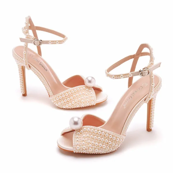 Elegant White Satin Pearl Ankle Strap Wedding Shoes 2025 10 cm Stiletto Heels Open / Peep Toe Wedding Sandals High Heels