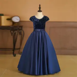 Vintage Retro Navy Blue Sequins Birthday Flower Girl Dresses 2024 A Line Princess V Neck Sleeveless Bow Sash Floor Length Long