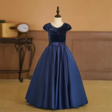 Vintage Retro Navy Blue Sequins Birthday Flower Girl Dresses 2024 A Line Princess V Neck Sleeveless Bow Sash Floor Length Long