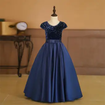Vintage Retro Navy Blue Sequins Birthday Flower Girl Dresses 2024 A Line Princess V Neck Sleeveless Bow Sash Floor Length Long