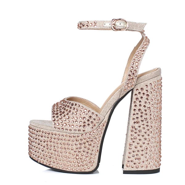 Sexy Argenté Cocktail Soirée Faux Diamant Sandales Femme 2023 Cuir Bride Cheville 15 cm Talons Épais Peep Toes / Bout Ouvert Sandales Talons Hauts