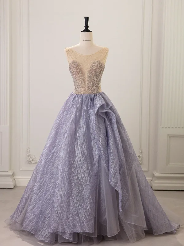 Bling Bling Lavender Sequins Prom Dresses 2025 Ball Gown V-Neck Puffy Short Sleeve Backless Floor-Length / Long Formal Dresses