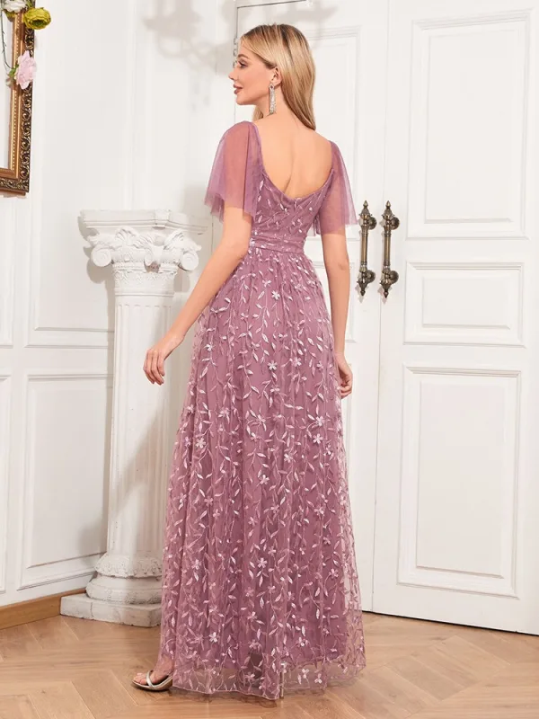 Chic / Beautiful Candy Pink Lace Flower Evening Dresses 2024 A-Line / Princess V-Neck Short Sleeve Backless Floor-Length / Long Evening Party Formal Dresses