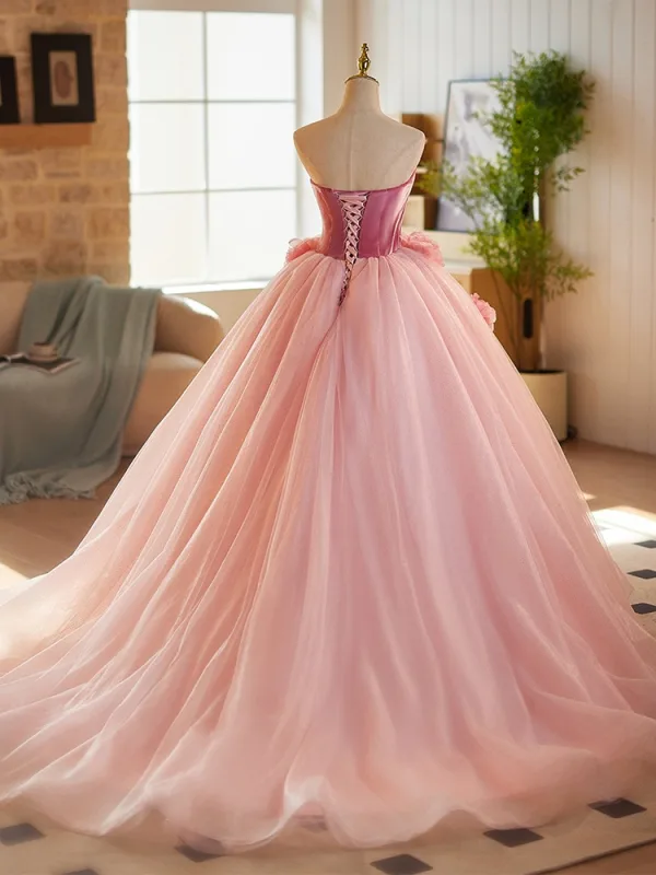 Chic / Beautiful Blushing Pink Appliques Prom Dresses 2025 Ball Gown Strapless Sleeveless Backless Floor-Length / Long Prom Formal Dresses