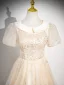 Chic / Beautiful Champagne Sequins Prom Dresses 2024 A-Line / Princess Scoop Neck Short Sleeve Floor-Length / Long Prom Formal Dresses