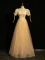 Chic / Beautiful White Lace Flower Prom Dresses 2024 A-Line / Princess Square Neckline Short Sleeve Backless Floor-Length / Long Prom Formal Dresses