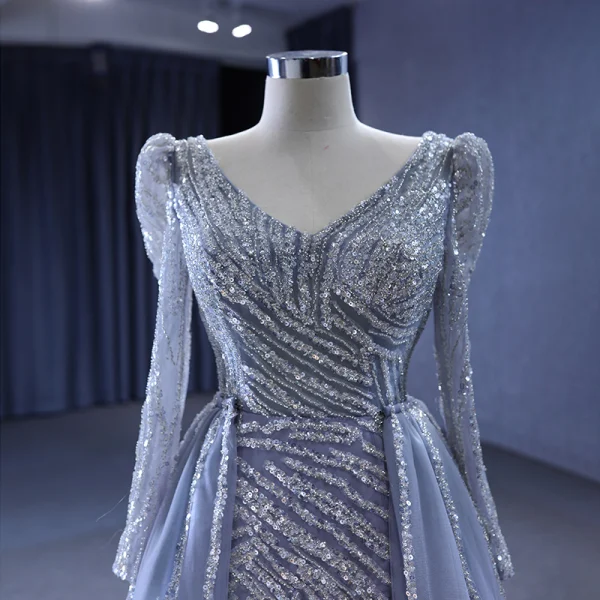 High-end Vintage / Retro Grey Beading Sequins Evening Dresses 2023 Trumpet / Mermaid V-Neck Long Sleeve Evening Party Court Train Formal Dresses