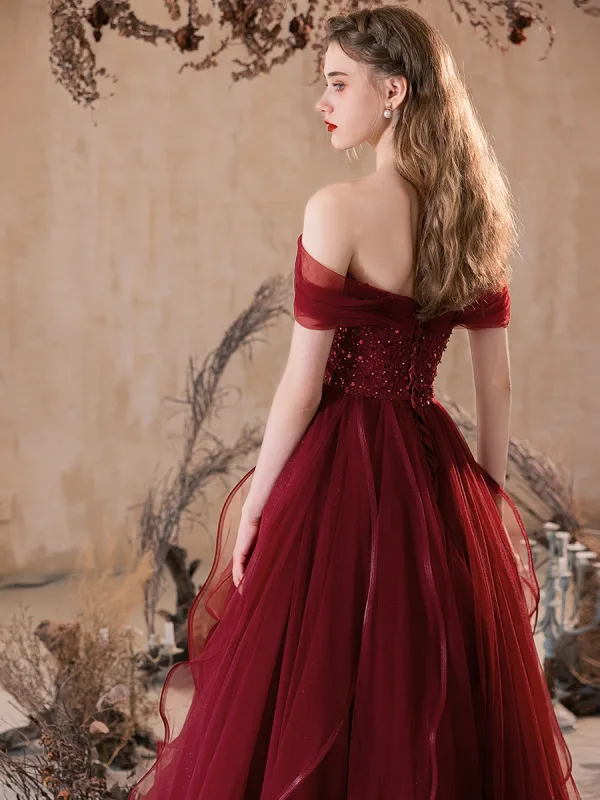 Chic / Belle Bordeaux Perlage Appliques Paillettes Robe De Bal 2025 Princesse De l'épaule Sans Manches Dos Nu Longue Promo Robe De Ceremonie