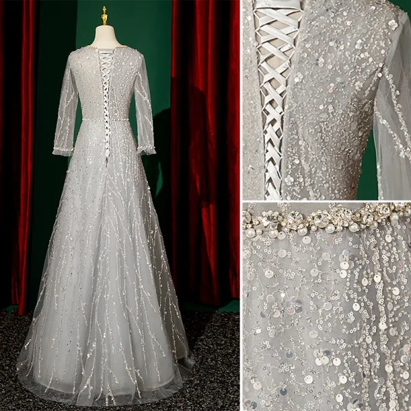 Scintillantes Gris Robe De Soirée 2023 Princesse Encolure Carrée Perlage Perle Paillettes 3/4 Manches Longue Soirée Robe De Ceremonie