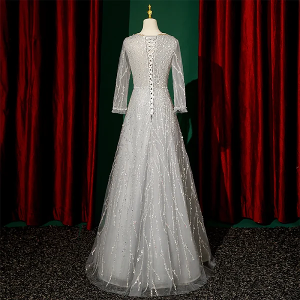 Scintillantes Gris Robe De Soirée 2023 Princesse Encolure Carrée Perlage Perle Paillettes 3/4 Manches Longue Soirée Robe De Ceremonie