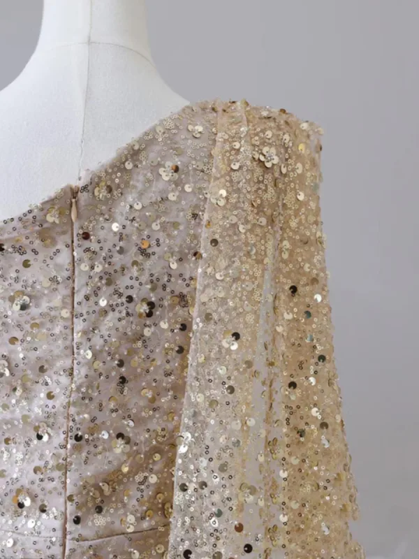 Scintillantes Champagne Paillettes Perlage Fendue devant Robe De Soirée 2024 Trompette / Sirène Une épaule Sans Manches Dos Nu Train De Balayage Robe De Ceremonie