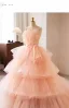 Charmant Rougissant Rose Volants en Cascade Robe De Bal 2023 Robe Boule Bretelles Spaghetti Gland Sans Manches Perle Noeud Ceinture Dos Nu Tribunal Train Robe De Ceremonie