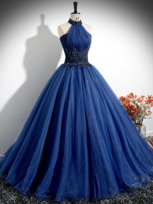 Vintage Retro Navy Blue Beading Lace Flower Prom Dresses 2024 Ball Gown Halter Backless