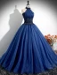 Vintage / Retro Navy Blue Beading Lace Flower Prom Dresses 2024 Ball Gown Halter Sleeveless Backless Floor-Length / Long Prom Formal Dresses