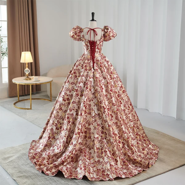 Elegant Burgundy Printing Prom Dresses 2023 Ball Gown Square Neckline Bow Short Sleeve Backless Sweep Train Prom Formal Dresses