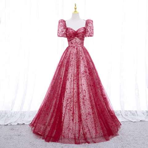 Elegantes Borgoña Lentejuelas Vestidos de gala 2022 A-Line / Princess Sin Espalda Bowknot Escote Cuadrado Manga Corta Largos Vestidos Formales