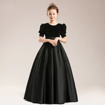Vintage Originale Satin Noire Anniversaire Promo Robe Ceremonie Fille 2022 Princesse Encolure Dégagée Manches Courtes Longue Robe Ceremonie Fille