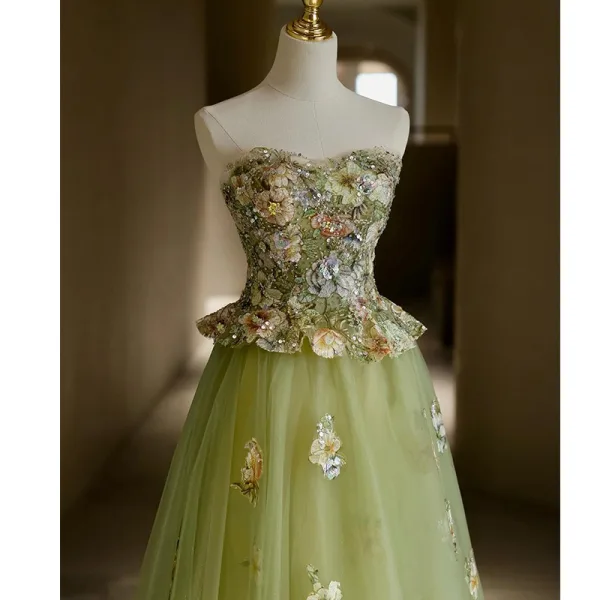 Flower Fairy Sage Green Sequins Lace Flower Prom Dresses 2025 A-Line / Princess Strapless Sleeveless Backless Floor-Length / Long Formal Dresses