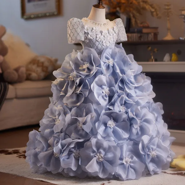 Flower Fairy Fashion Sky Blue Beading Pearl Appliques Sequins Birthday Flower Girl Dresses 2025 Ball Gown Scoop Neck Short Sleeve Backless Floor-Length / Long