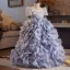 Flower Fairy Fashion Sky Blue Beading Pearl Appliques Sequins Birthday Flower Girl Dresses 2025 Ball Gown Scoop Neck Short Sleeve Backless Floor-Length / Long