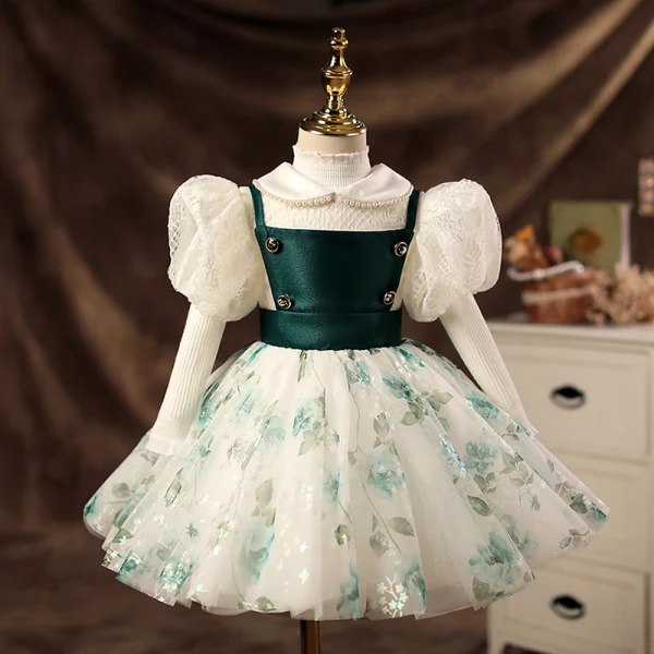Elegant Dark Green Pearl Lace Short Birthday Flower Girl Dresses 2022 Ball Gown Scoop Neck Puffy Short Sleeve Flower Girl Dresses