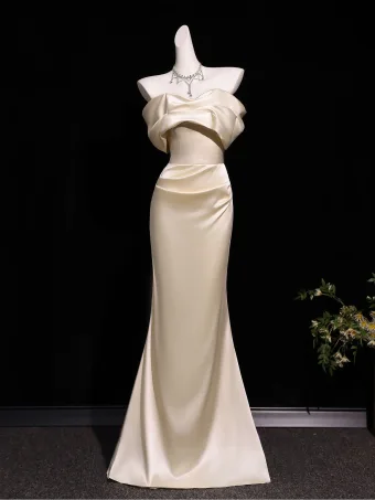 Sexy Champagne Robe De Soirée 2026 Trompette Sirène Bustier Sans Manches Dos Nu Longue Robe De Ceremonie