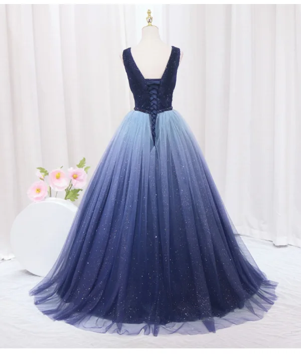 Vintage / Retro Navy Blue Beading Sequins Prom Dresses 2024 Ball Gown V-Neck Sleeveless Backless Floor-Length / Long Prom Formal Dresses