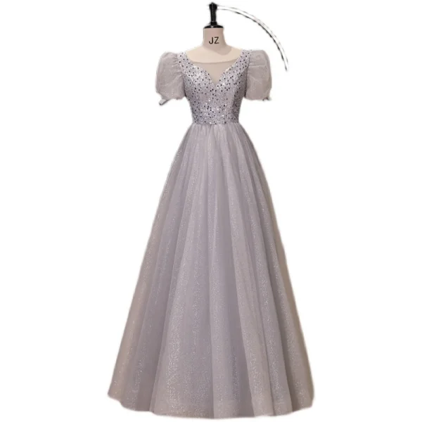 Scintillantes Argenté Gris Glitter Paillettes Robe De Bal 2023 Princesse Encolure Dégagée Manches Courtes Dos Nu Longue Promo Robe De Ceremonie