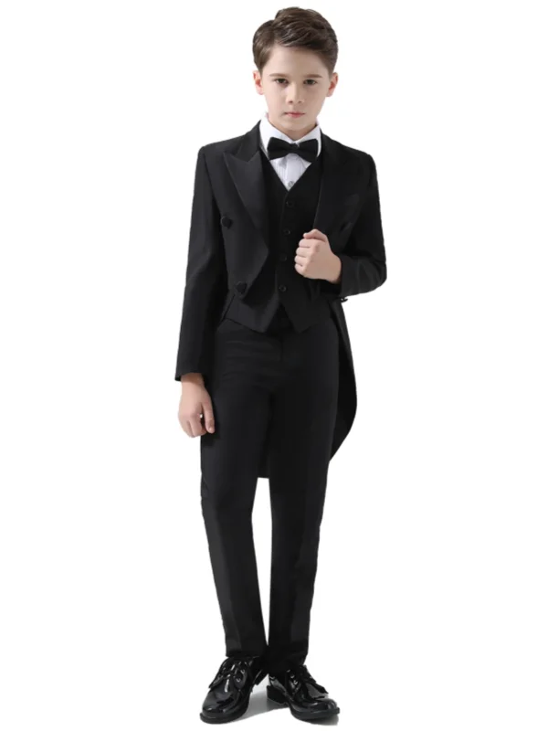 Black 5-piece Long Sleeve Boys Wedding Suits 2024 Coat Pants Shirt Tie Vest