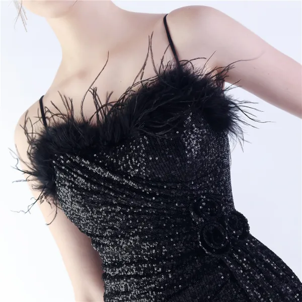 Charmant Bleu Marine Paillettes Fendue devant Robe De Soirée 2024 Trompette / Sirène Bretelles Spaghetti Gland Sans Manches Dos Nu Longue Soirée Robe De Ceremonie