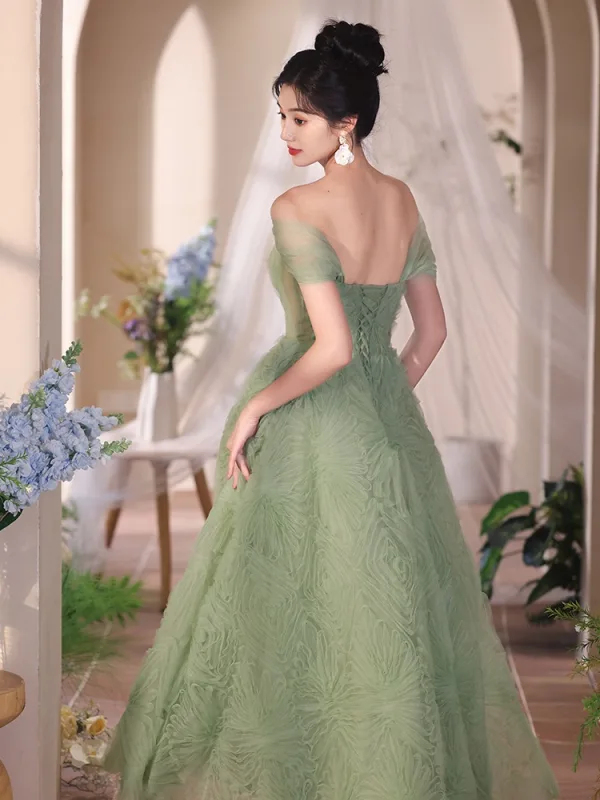 Chic / Beautiful Sage Green Prom Dresses 2024 A-Line / Princess Off-The-Shoulder Short Sleeve Backless Floor-Length / Long Prom Formal Dresses