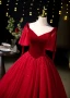 Vintage / Retro Burgundy Beading Sequins Prom Dresses 2023 Ball Gown Velvet V-Neck Short Sleeve Backless Floor-Length / Long Prom Formal Dresses