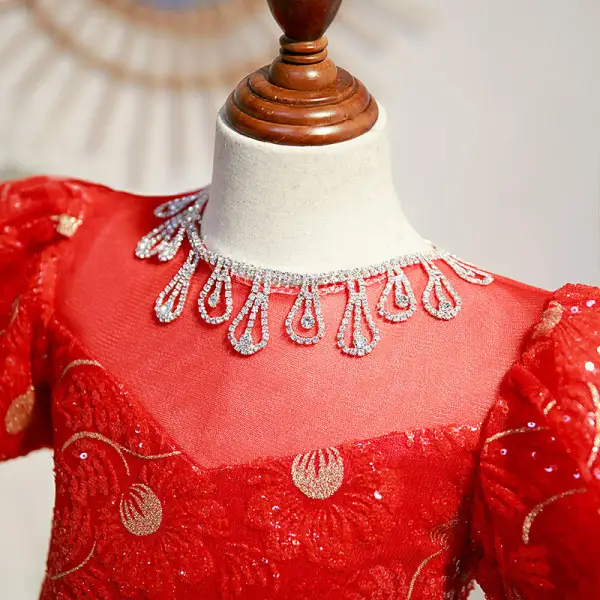 Modern / Fashion Red Birthday Glitter Sequins Rhinestone Flower Girl Dresses 2022 Ball Gown Scoop Neck Puffy Short Sleeve Backless Floor-Length / Long Flower Girl Dresses