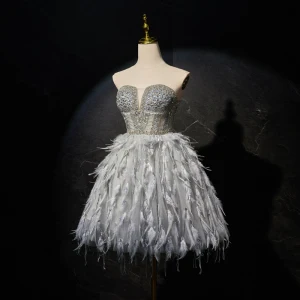 Sexy Grey Handmade Beading Pearl Sequins Feather Short Party Dresses 2024 A Line Princess Strapless Sleeveless Backless Cocktail Party Evening Party