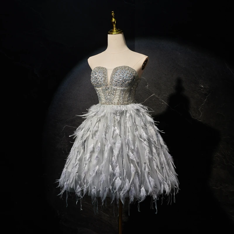 Sexy Grey Handmade Beading Pearl Sequins Feather Short Party Dresses 2024 A  Line Princess Strapless Sleeveless Backless Cocktail Party Evening Party