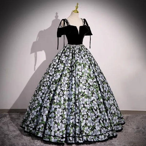Chic / Beautiful Black Floral Prom Dresses 2023 Ball Gown Spaghetti Straps Rhinestone Short Sleeve Backless Floor-Length / Long Prom Formal Dresses
