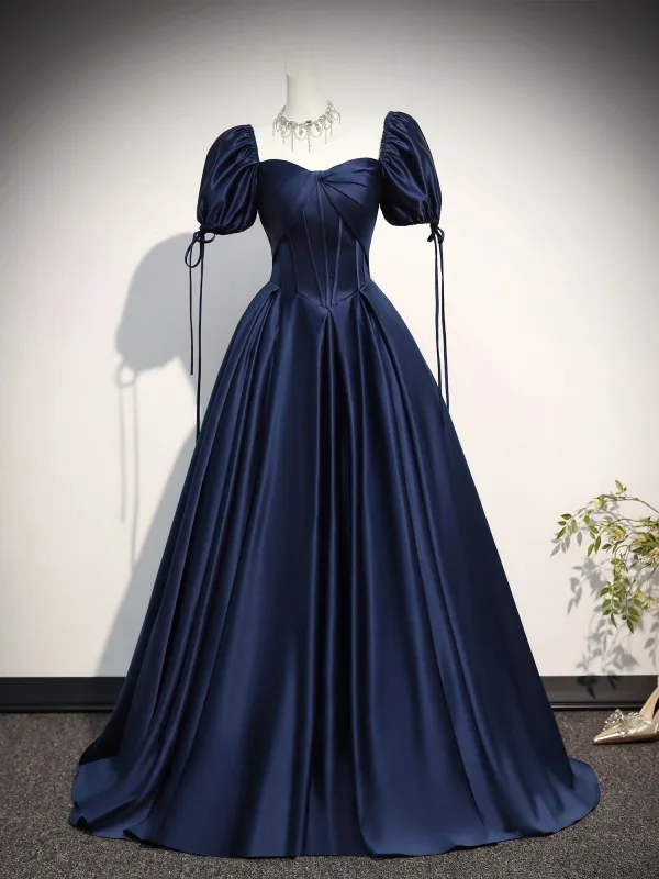 Vintage / Retro Navy Blue Prom Dresses 2026 Ball Gown Off-The-Shoulder Puffy Short Sleeve Backless Floor-Length / Long Formal Dresses