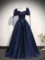Vintage / Retro Navy Blue Prom Dresses 2026 Ball Gown Off-The-Shoulder Puffy Short Sleeve Backless Floor-Length / Long Formal Dresses