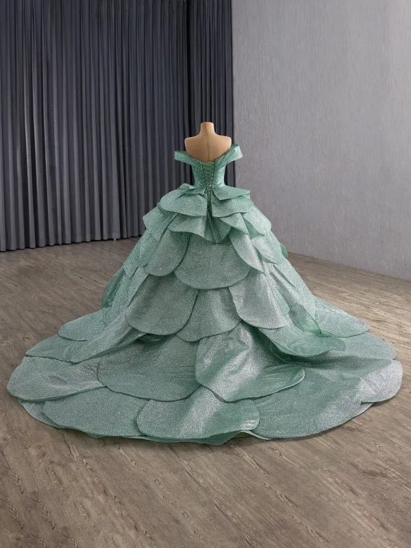 Luxury / Gorgeous Mint Green Cascading Ruffles Sequins Prom Dresses 2025 Ball Gown Off-The-Shoulder Sleeveless Backless Royal Train Formal Dresses