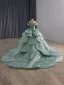 Luxury / Gorgeous Mint Green Cascading Ruffles Sequins Prom Dresses 2025 Ball Gown Off-The-Shoulder Sleeveless Backless Royal Train Formal Dresses