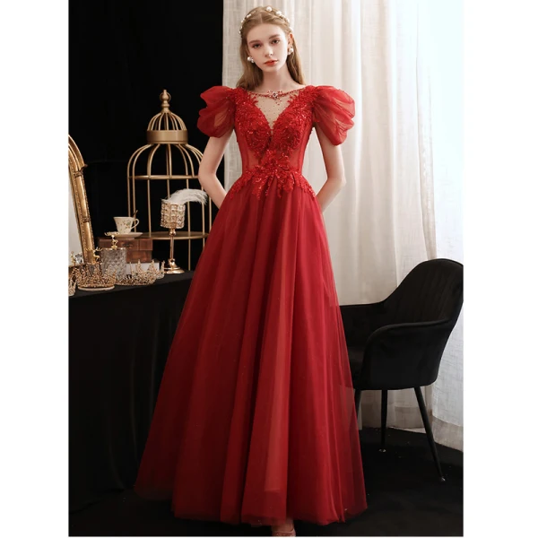 Charming Burgundy Beading Sequins Evening Dresses 2023 A-Line / Princess Scoop Neck Short Sleeve Backless Floor-Length / Long Evening Party Formal Dresses