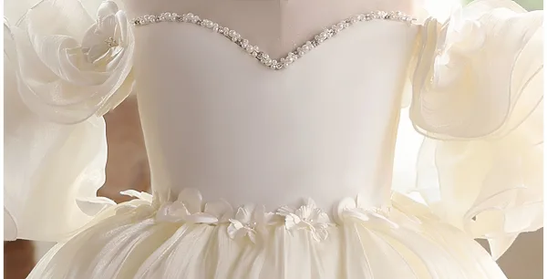 Ethereal Champagne Beading Appliques Birthday Cascading Ruffles Flower Girl Dresses 2026 Ball Gown Off-The-Shoulder Puffy Short Sleeve Backless Tulle