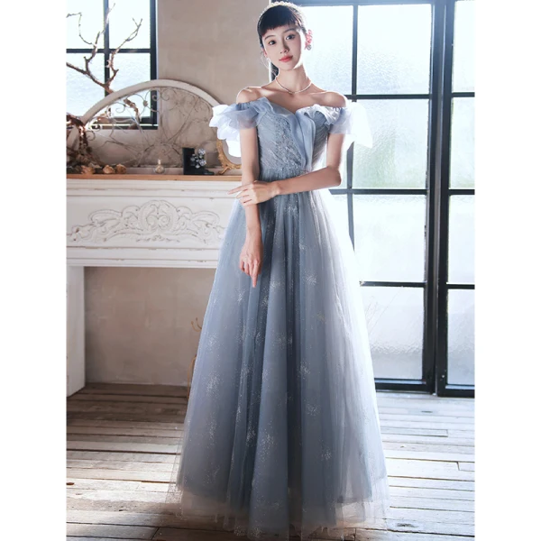 Chic / Beautiful Sky Blue Sequins Prom Dresses 2022 A-Line / Princess Off-The-Shoulder Short Sleeve Backless Floor-Length / Long Formal Dresses