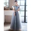 Chic / Beautiful Sky Blue Sequins Prom Dresses 2022 A-Line / Princess Off-The-Shoulder Short Sleeve Backless Floor-Length / Long Formal Dresses
