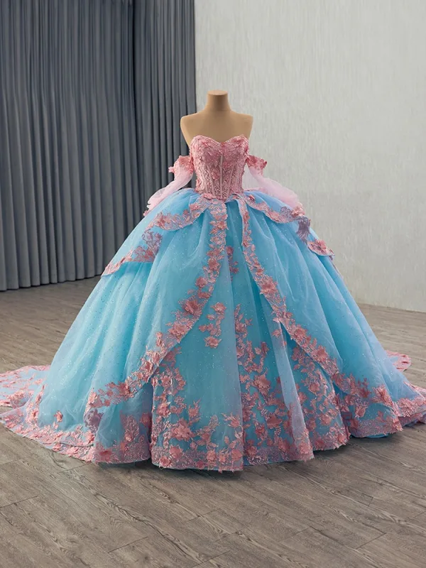 Flower Fairy Pool Blue Pearl Lace Flower Appliques Prom Dresses 2025 Ball Gown Off-The-Shoulder Short Sleeve Backless Bow Royal Train Formal Dresses