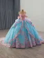 Flower Fairy Pool Blue Pearl Lace Flower Appliques Prom Dresses 2025 Ball Gown Off-The-Shoulder Short Sleeve Backless Bow Royal Train Formal Dresses
