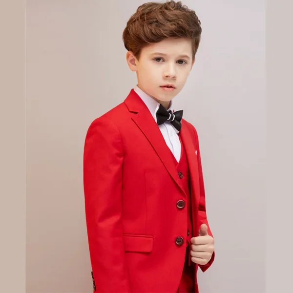 Modest / Simple Red 5-piece Long Sleeve Boys Wedding Suits 2023 Coat Pants Shirt Tie Vest Boys Wedding Suits
