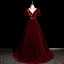 Elegant Burgundy Lace Flower Velvet Prom Dresses 2025 Ball Gown Scoop Neck Short Sleeve Backless Floor-Length / Long Prom Formal Dresses