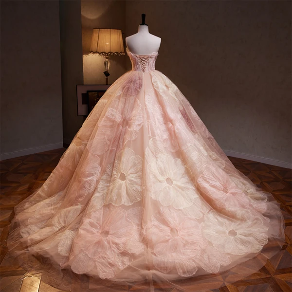 High-end Blushing Pink Flower Prom Dresses 2023 Ball Gown Strapless Sleeveless Backless Court Train Prom Formal Dresses